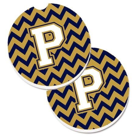 Carolines Treasures Letter P Chevron Navy Blue and Gold Set of 2 Cup Holder Car Coaster CJ1057-PCARC